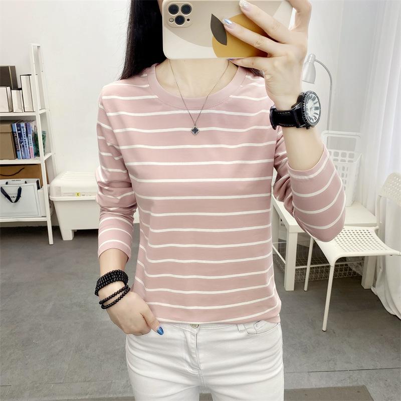 Plus Size Women's Loose Long Sleeve T-Shirt Autumn Cotton Striped Base Shirt Top