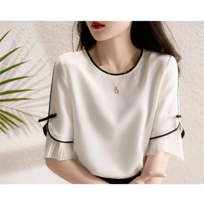 Women S Short Sleeve Round Neck Patchwork Blouse For Ladies