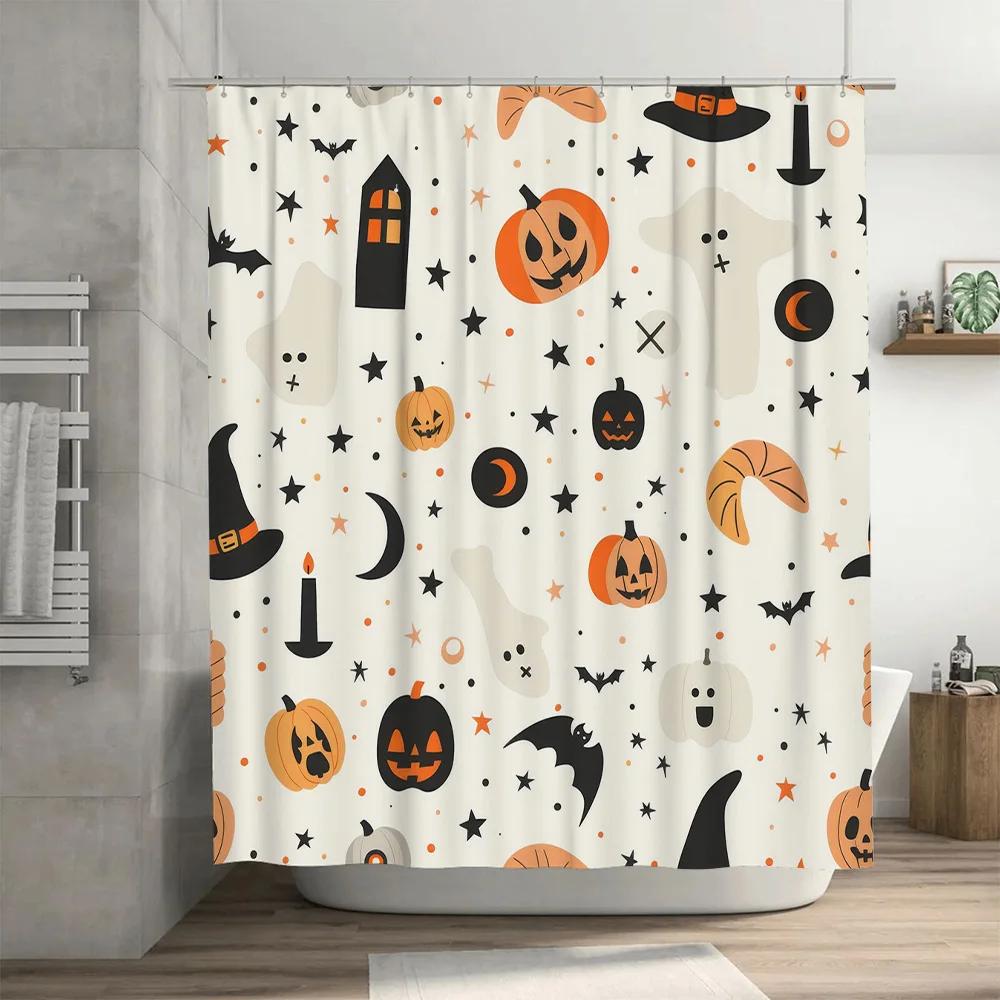 Dekoracje Halloween Zestaw Zasłony Prysznicowej ze Wzorem Dyni i Ducha do Łazienki Pomarańczowy Czarny Biały Halloween Nietoperz Czarownice Ha
