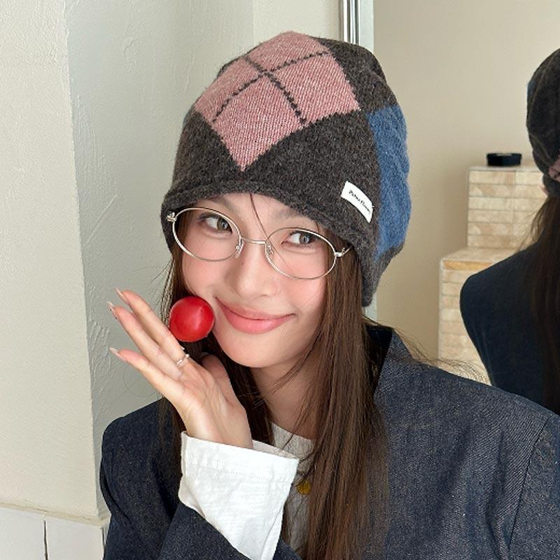 Retro Rhombus Color Matching Plaid Knitted Stacking Hat Women's Autumn and Winter Fashion Warm Headgear Big Head Circumference Cover Cold Hat