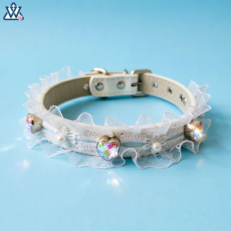 Lace Pet Collar With Rhinestone Heart Adjustable Dogs Cats PU Material XS-L Sizes Pink Blue