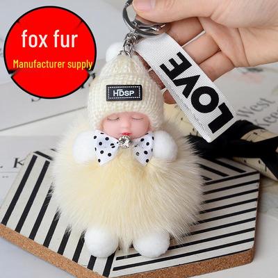 Genuine Fox Fur Pompon Sleeping Doll Keychain - Cute Plush Bag Charm