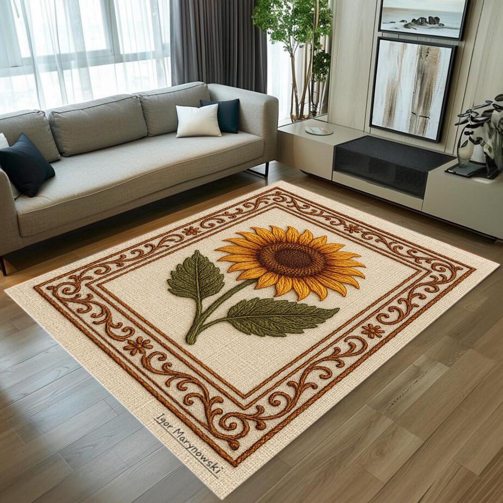 3D Embroidery Sunflower Pattern Area Rug Non-Slip Soft Durable Washable Floor Mat for Living Room Bedroom Home Decor