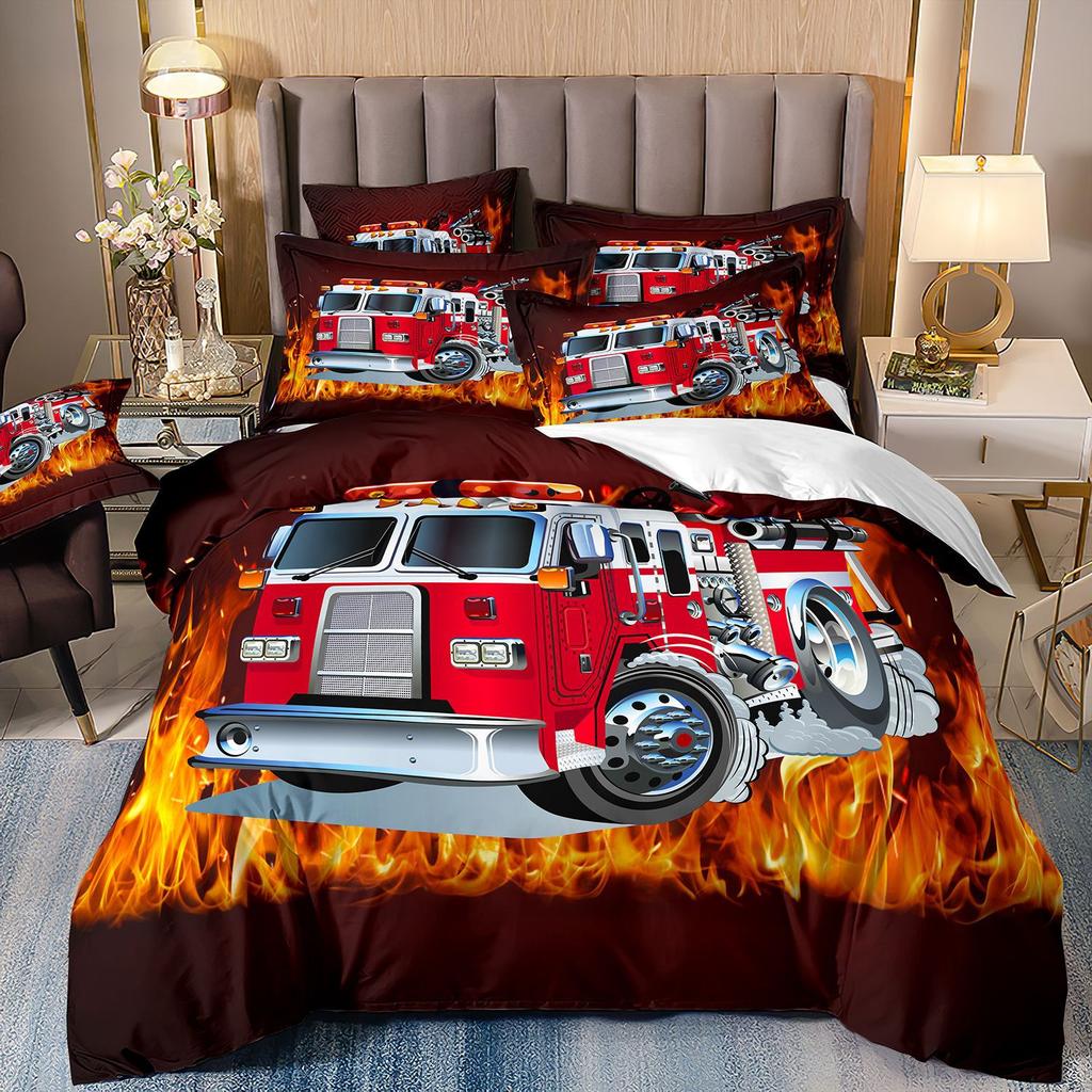 Bedding Three-Piece Set 3D Digital Printing Cartoon Fire Truck Children'S Polished Duvet Cover