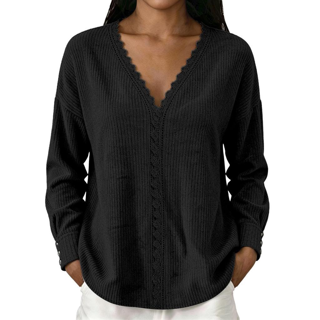 Women's Fashion Color Lace V-Neck Long Sleeve Loose Fit Blouse