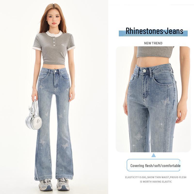 

2025 Summer Petite Women s Soft Denim High-Waist Double Flare Pants with Rhinestone Detail Medium
