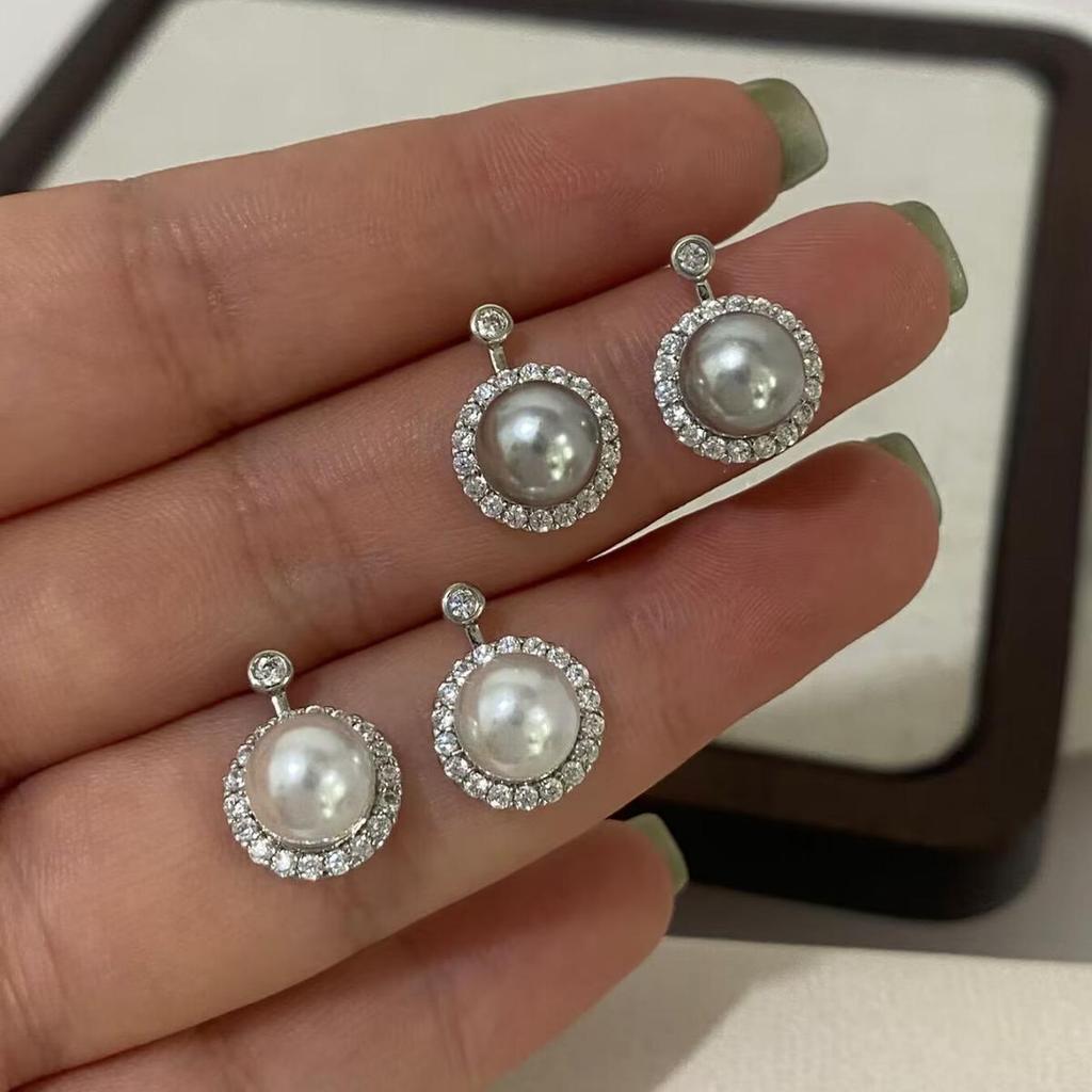 Elegant French Zircon Grey Pearl Stud Earrings for Women, Exquisite Small S925 Silver Needle Ear Accessories