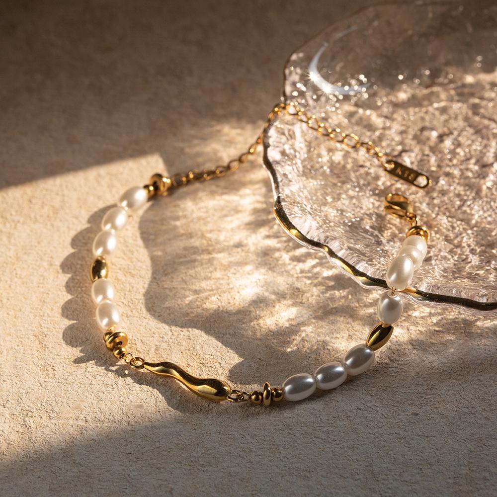 Youthway Glass Pearl Shaped Water Drop Cast Water Drop Bracelet Stainless Steel 18K Gold Plated Waterproof Summer Jewelry