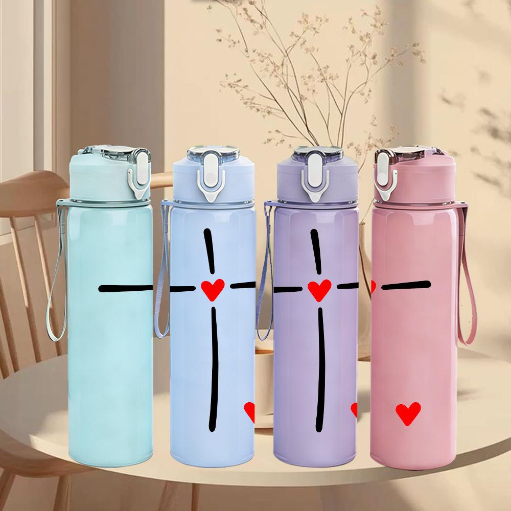 1PC Red Heart Center Cross Faith 750ml Color Plastic Sports Water Bottle Leakproof Flip Straw Lid Suitable for Sports Office Home Use