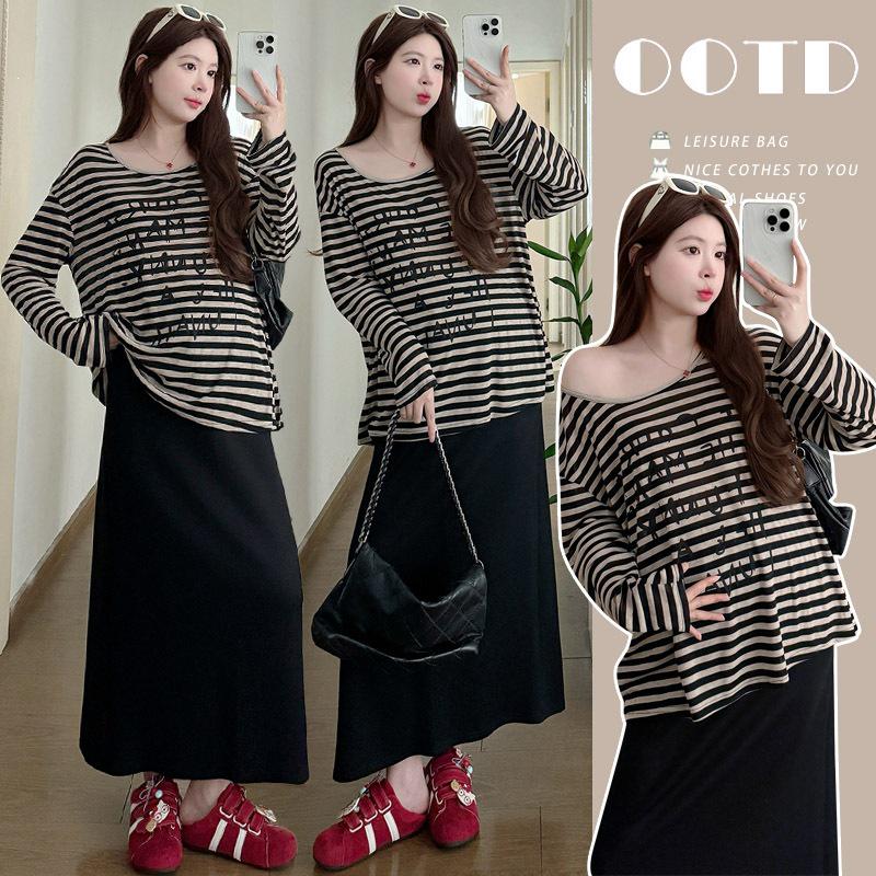 Spring/Summer 2026 Korean Style Relaxed Fit Striped Sun Protection Top & Black Skirt Set M