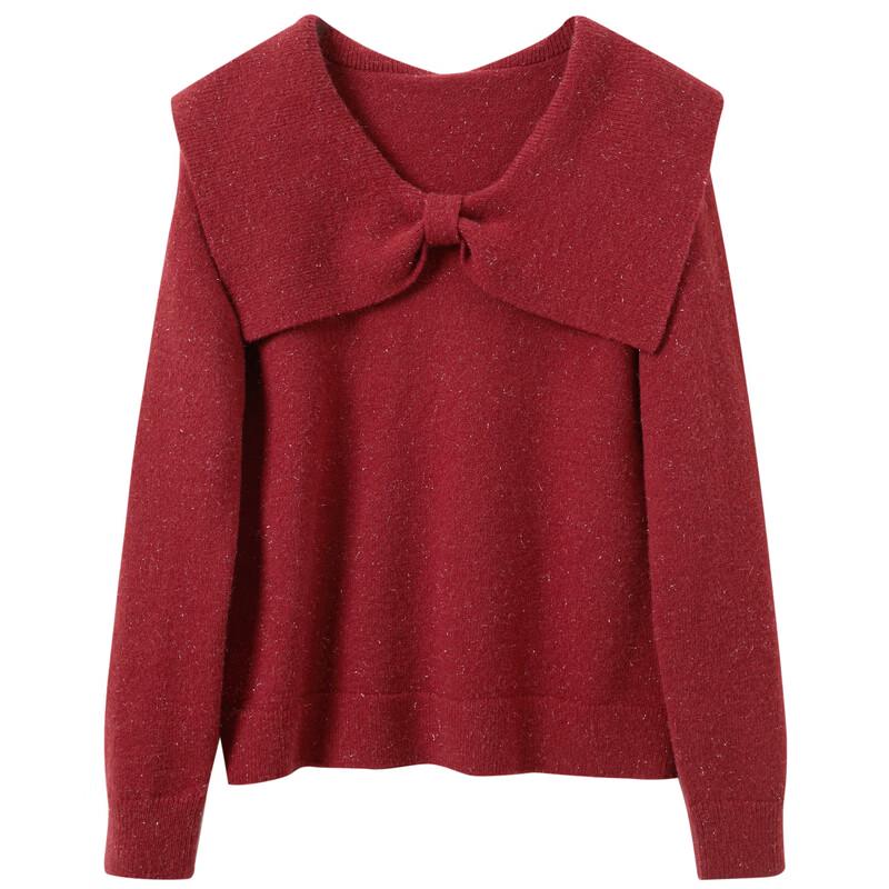 Sancai Plus Size Women's New Year Red Bow Lapel Knit Sweater