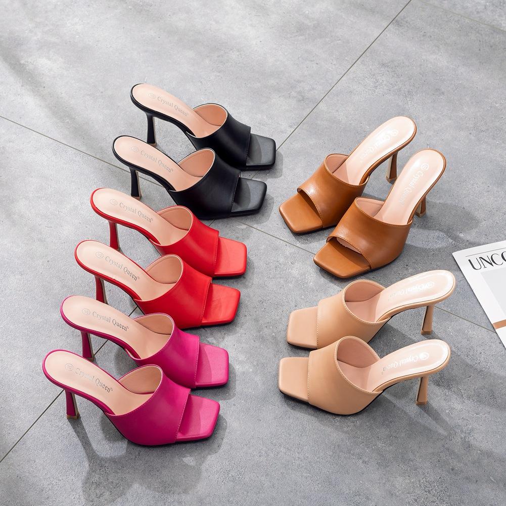 9cm Square Toe High Heel Sandals Slippers Wine Glass Heel Temperament Pearl Beaded Women's Shoes White Fish Mouth Shallow Mouth Sandals