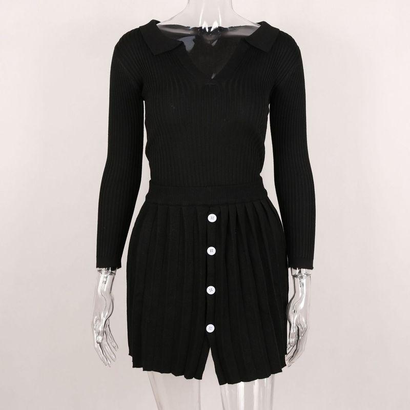 European and American Sexy Pleated Autumn Silm Long Sleeves Open Collar T-shirt Skirt Knitted Two-Piece Knitted Suit