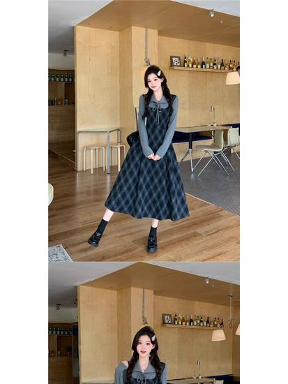 Plus Size Plaid Two-Piece Look Dress - Spring 2026 Slimming Long-Sleeved Waist-Cinched Skirt for Women