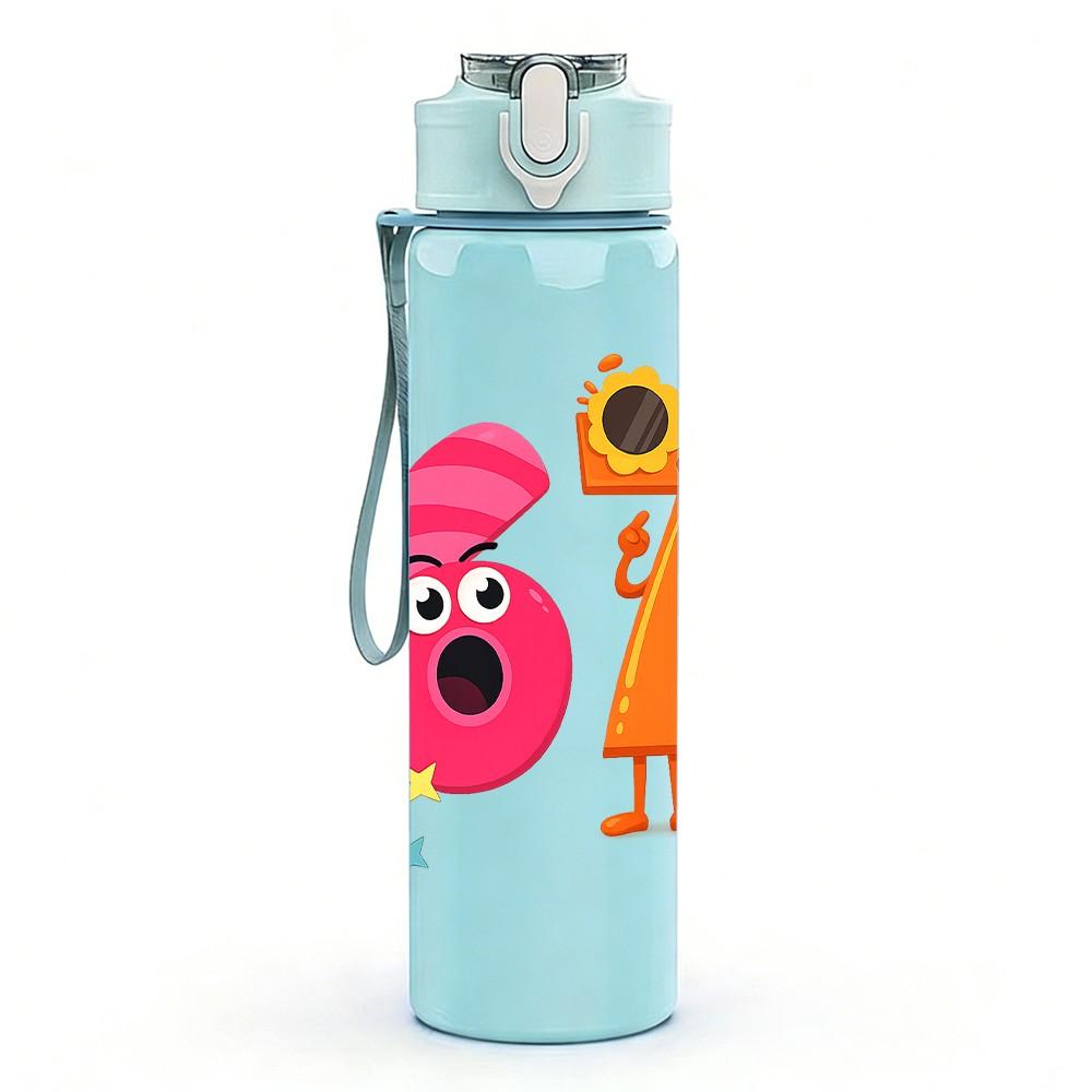 1PC 6 Cartoon Character Number Print 750ml Color Plastic Sports Water Bottle Leakproof Flip Straw Lid Suitable for Sports Office Home Use