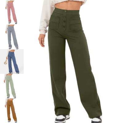 Fashion Women's Casual Straight-leg Pants High-waist Button Elastic Pants with Multiple Pockets