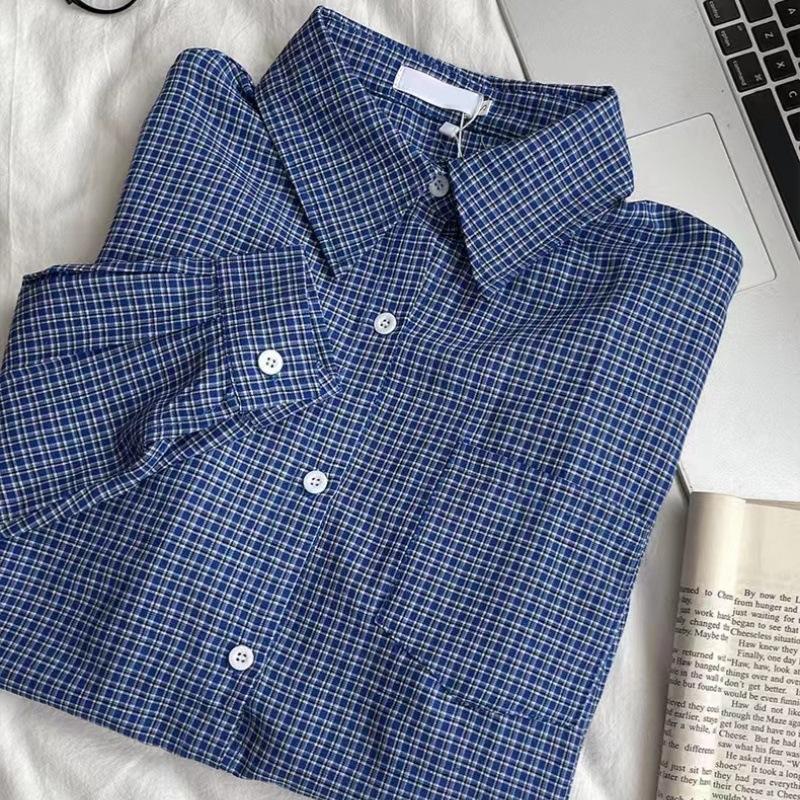 Nowa Amerykańska Stylistyka Retro Koszula z Długim Rękawem Niebieska w Kratkę Luźna Letnie Koszule Top Bluzka Płaszcz Dla Kobiet Streetwear