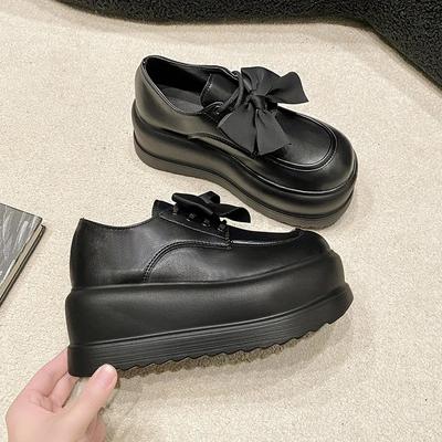 Pantofi mici din piele cu platformă în stil britanic pentru femei, primăvară-toamnă, noi, mocasini cu talpă groasă de 7 cm cu fundă fluture, pantofi confortabili