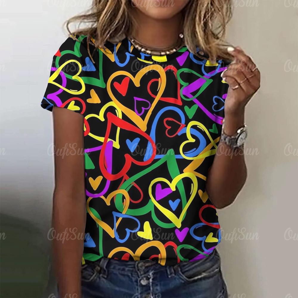 2024 women T-Shirt Short Sleeve O-neck pullover 3D colorful printed love graphic female clothing tops tees