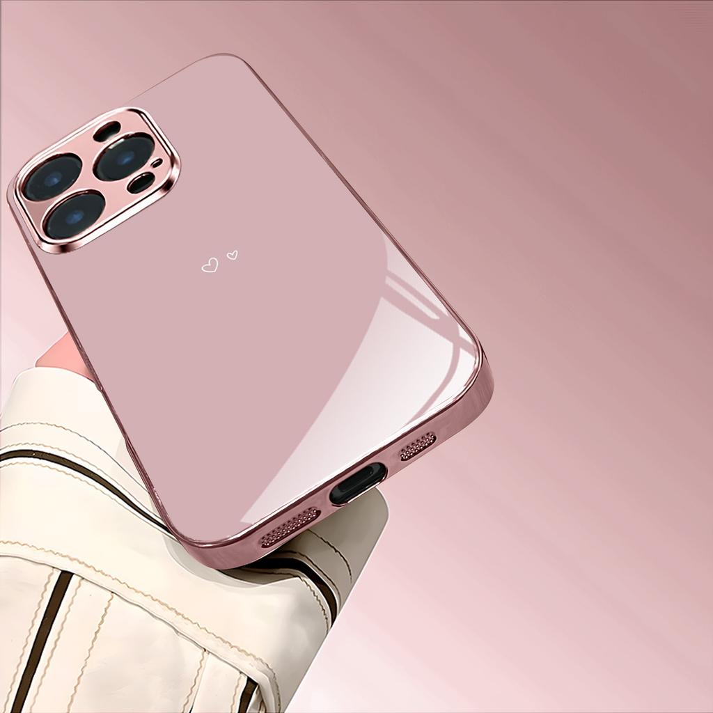 Love Heart Pattern Pink Metallic Tempered Glass Phone Case For iPhone 11 12 13 14 15 16 17 Pro Max 15 Plus 17 Air 16E Cover