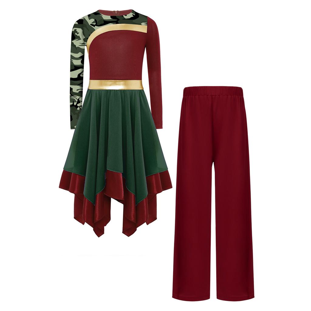 Girls Worship Dance Outfit Long Sleeve Printed Patchwork Irregular Hem Dress with Wide Leg Pants