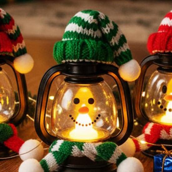 Mini Snowman Lantern with Hats And Scarves Christmas Flickering LED Candles Winter Small Snow Man Table Centerpiece for Holiday Party Favors