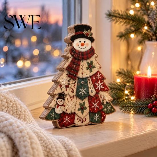 Wooden Holiday Party Decor Quilted Christmas Tree Table Sign, 2D Flat Fabric Patchwork Pattern Desktop Reusable Xmas Sign Ornament, Rustic Farmhouse