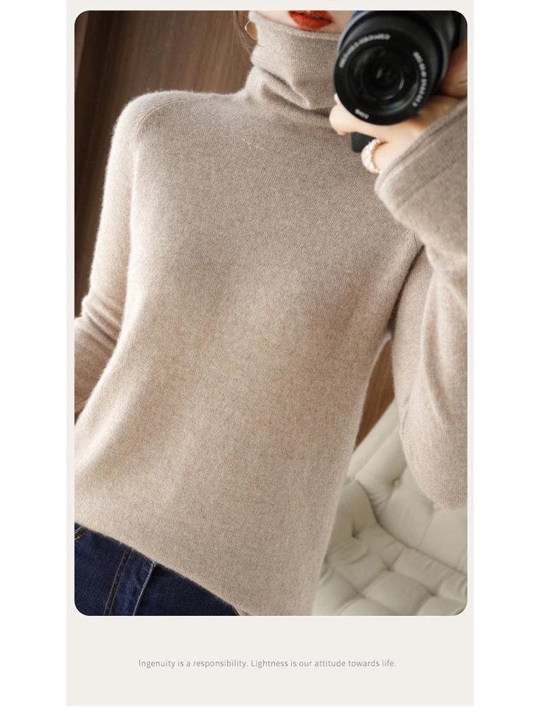 Women's High Neck Knit Sweater: Long Sleeve, Solid Color, Loose Fit, Stylish Autumn/Winter Base Layer