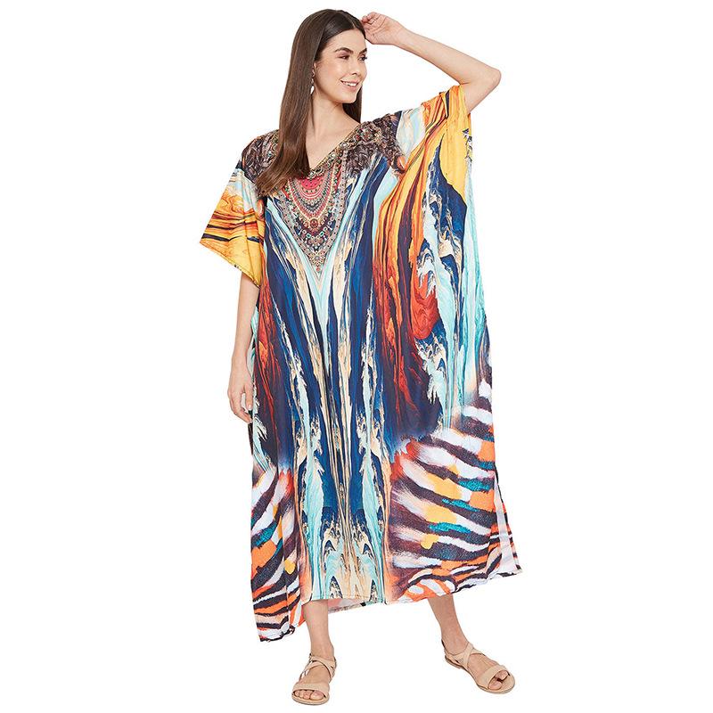 Indigo Floral Beach Robe: Loose Seaside Holiday Sunscreen Dress & Bikini Cover-up