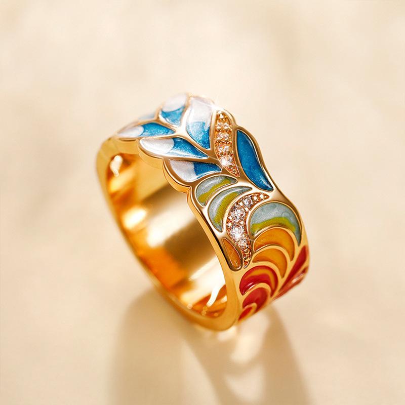 Europäische und amerikanische Trends im Stil Internet-Berühmtheiten-Ring, Punk-Stil Kupfer Gold-Plattiert Öl-Tropfen Blau-Weißes Porzellanmuster Hip-Hop-Ring