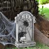Spooky Holiday Exterior Decor Halloween Skull Tombstone, Stone Look Retro Gothic Resin Creepy Cemetery Scene Ornament Crow Gravestone for Outdoor