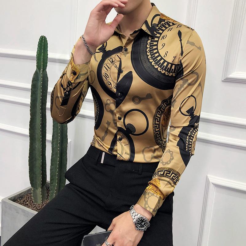 Vår Lyx Guldtryck Casual Skjorta Herr Mode Fest Långärmad Skjorta Slim Fit Smoking Skjortor Nattklubb Arbete Social Skjorta