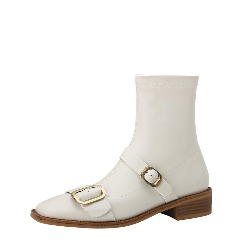 

Fashion Kaky s New Square Head Genuine Leather Cowhide Metal Belt Buckle Mid Heel Large Women s Short Boots Elastic Boots 220 бежевый