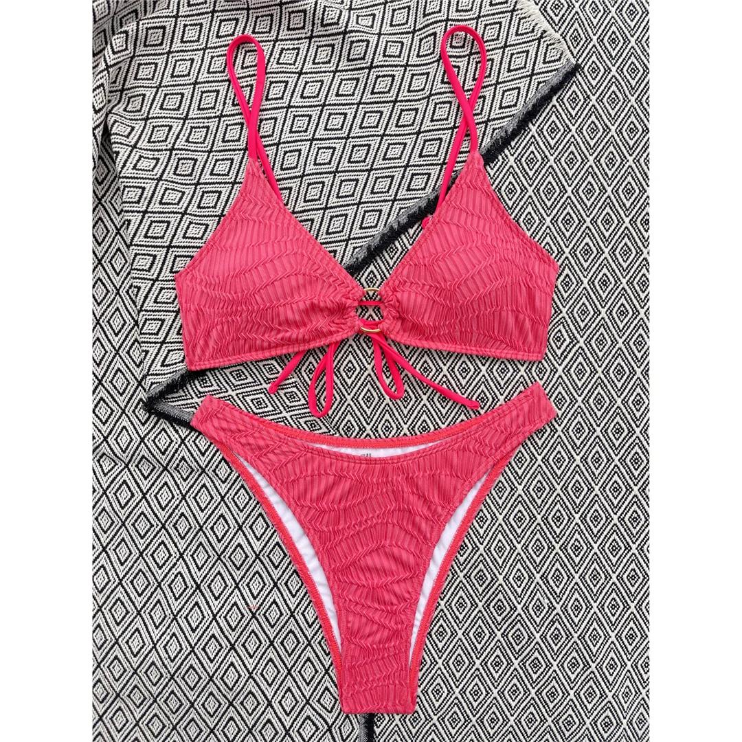 

Сморщенное металлическое кольцо средней талии бикини женский купальник женский купальник из двух частей бикини комплект с подкладкой купальный костюм для плавания M красный