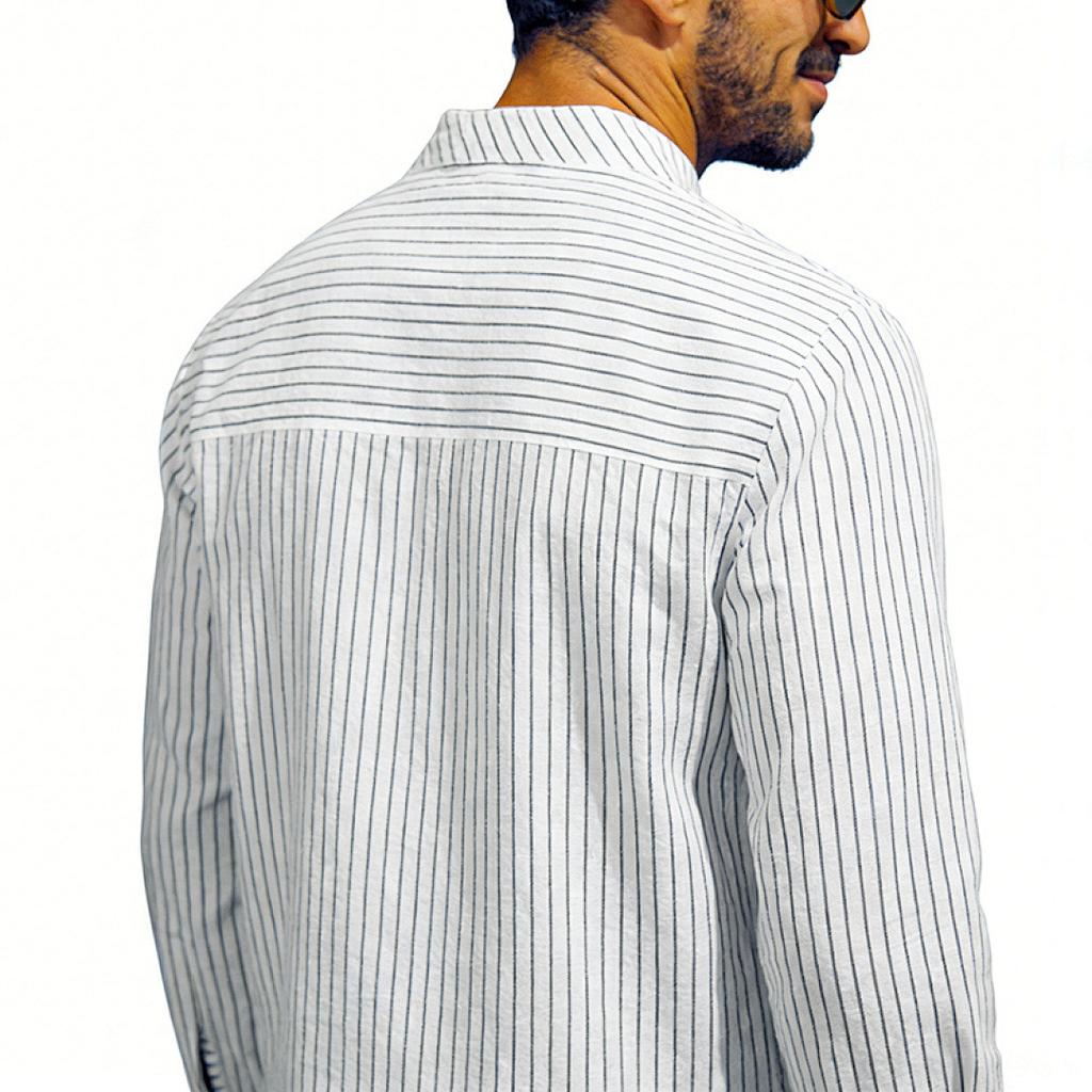 Men Casual Business Loose Stand Collar Long Sleeve Vertical Stripe Shirt
