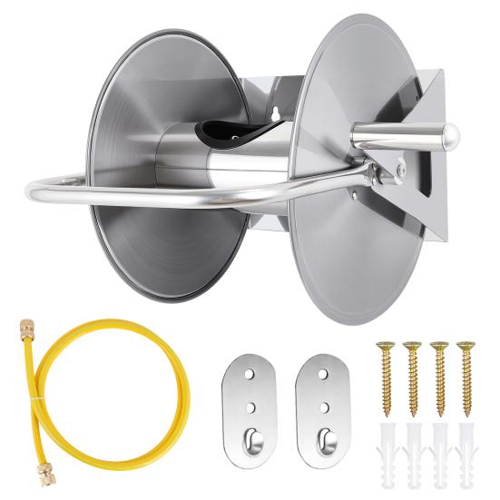 Water Hose Reel Stainless Steel Garden with 6.5ft Leader Pipe, Wall/Floor Mounted Metal Wall Mount Crank Handle, Holds 5/8" X 75ft or 1/2" 130ft