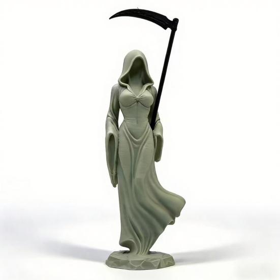 Figurina Gotica Falciatore con Falce da Tavolo Scultura Femminile Spettrale con Veste con Cappuccio per Decorazione Scaffale Scrivania Casa di Halloween