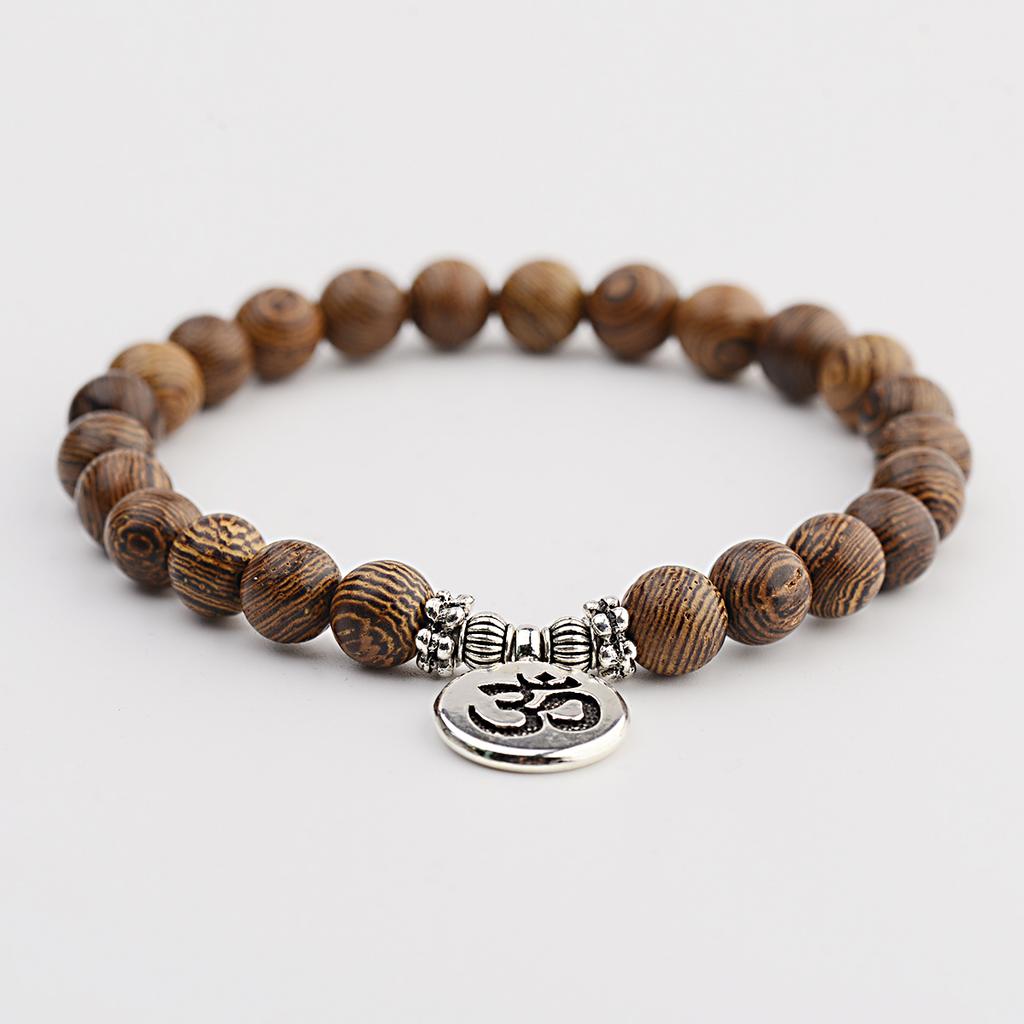 Natural Wood Beads Bracelet Women Men Yoga Meditation Prayer Om Pendant Wooden Jewelry Classic Sliver