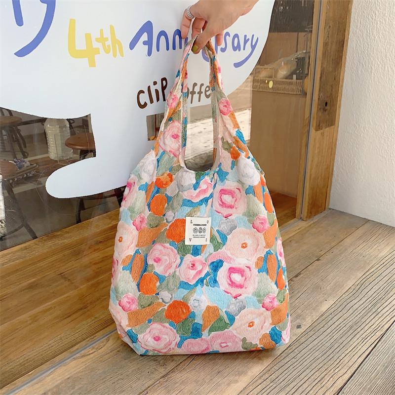 Большая холщовая сумка-тоут в стиле бохо с цветочным принтом «Сад Моне» сине-желтая для повседневных вещей Orange 
 Blue