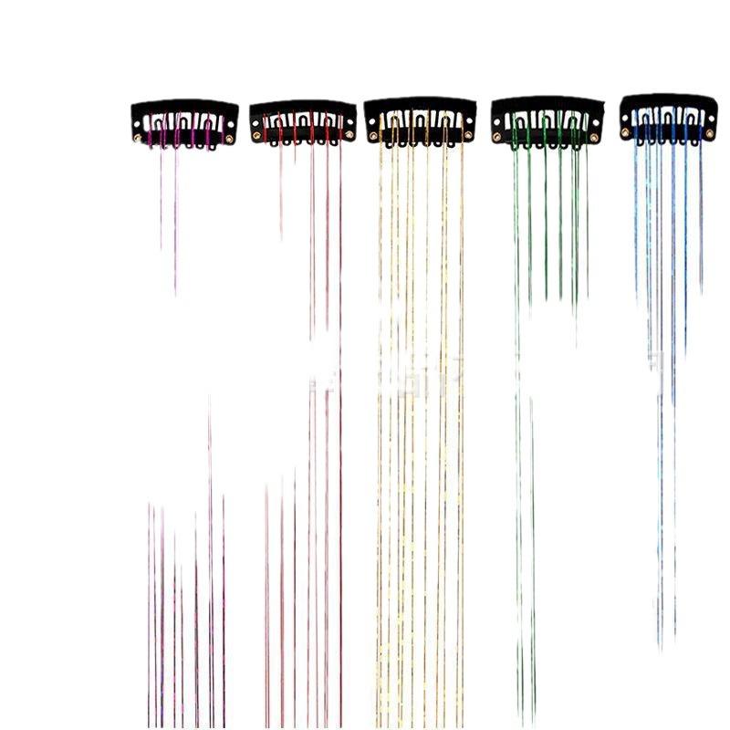 Set de extensii de păr cu beteală Laser Silk, format din 6 bucăți: Șuvițe aurii și argintii, fără cusur, colorate, cu sclipici