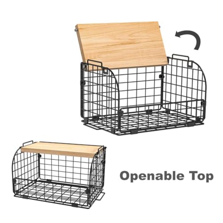 2 Set Stackable Wire Basket with Openable Top for Kitchen Counter Pantry Organizer Storage Bin for s Potatoes Fruits Veggies Br