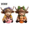 Home Decoration 2PCS Highland Cow Ornament, Wooden Rustic Style Figurine, Thanksgiving Fine Carving Wood Art Theme Art, for Entrance Living Room Decor