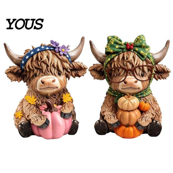 Home Decoration 2PCS Highland Cow Ornament, Wooden Rustic Style Figurine, Thanksgiving Fine Carving Wood Art Theme Art, for Entrance Living Room Decor