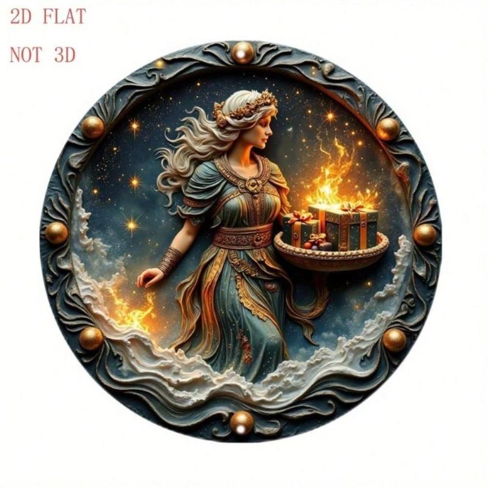 Metal Poster Wall Art Goddess Flame Star 3D Round for Living Room