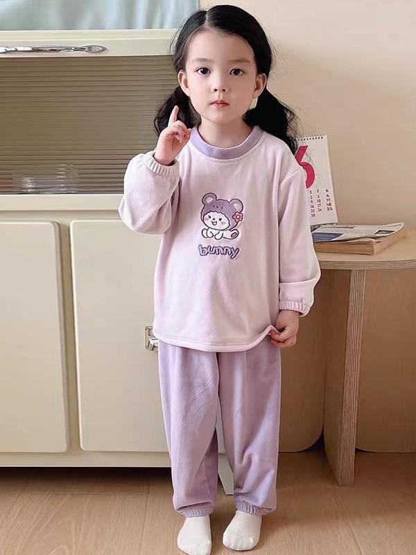 Kids' Wool Plush Pajamas Set - Warm Autumn/Winter Coral Fleece Sleepwear for Boys and Girls