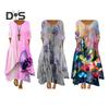 Spring Fall Dress with Pockets Vintage Flower Printing V Neck Irregular Layerd Hem Loose A-line Maxi Dress for Daily Work Party