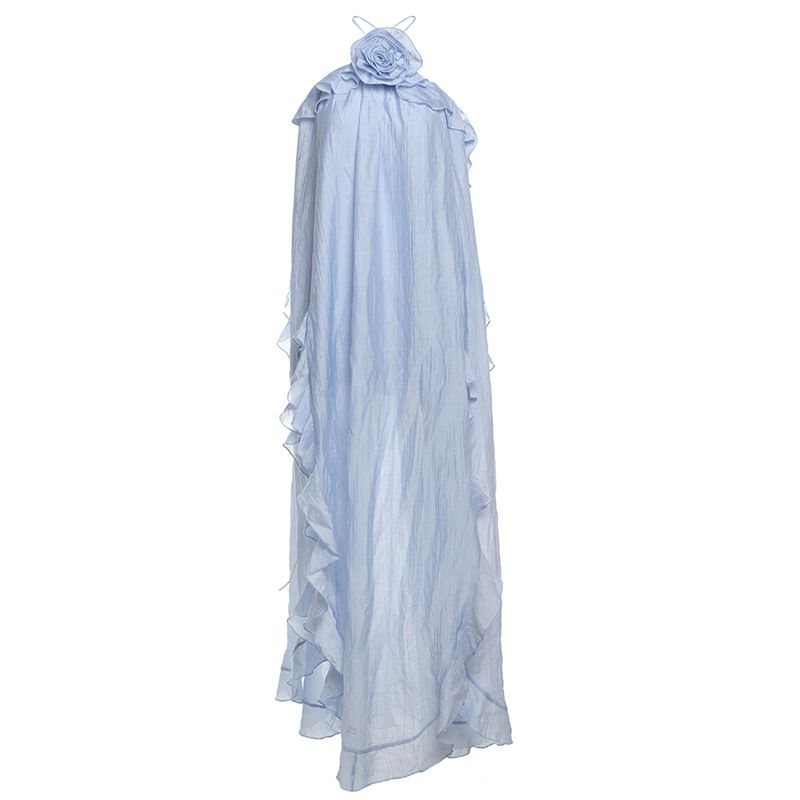 

# Sisjuly# French style Elegant Mint Blue Three-Dimensional Flower Irregular Frill Split Hanging Neck Dress Women Blue S