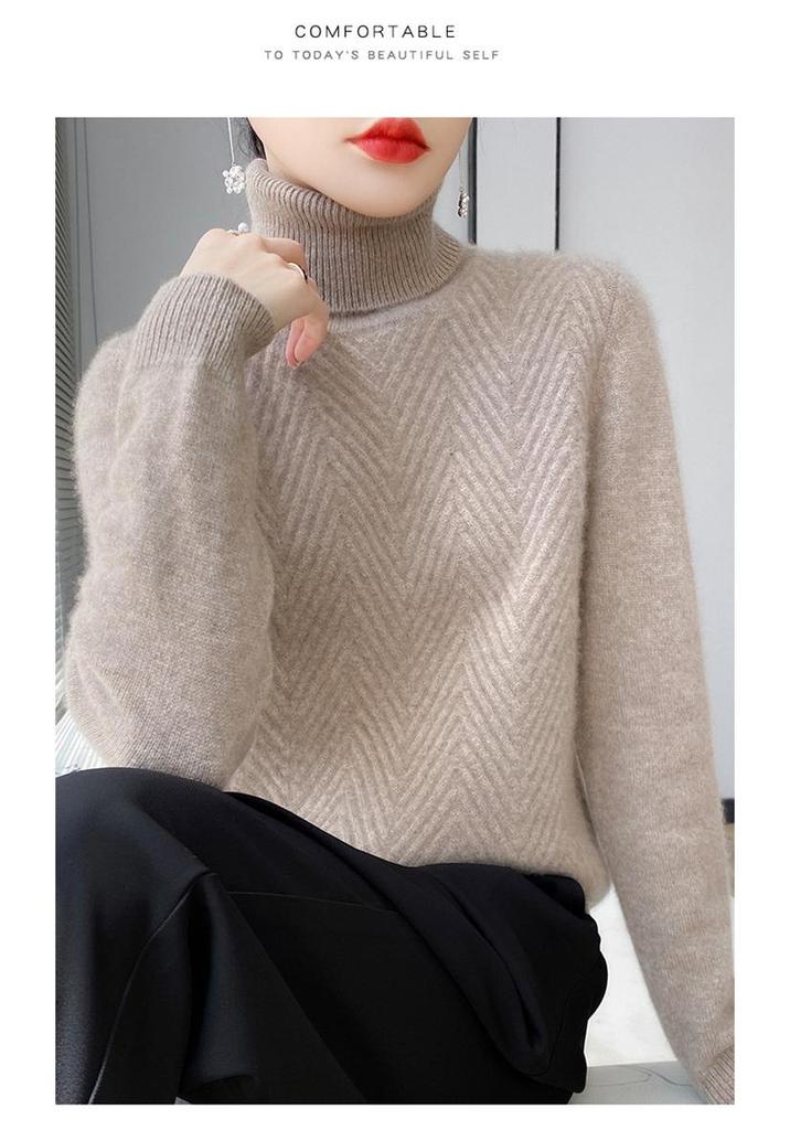 Women's High Collar Solid Color Loose Slimming Knit Pullover – 100% Pure Wool Base Layer Top for Autumn and Winter