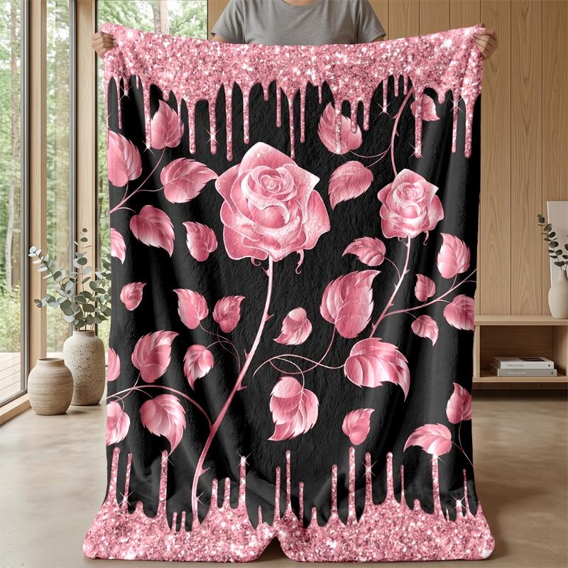 Pink Rose Floral Pattern Theme Blanket Lightweight Warm Flannel Blanket Decorative Throw Blanket for Home Decoration