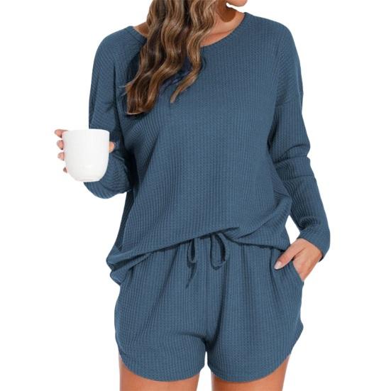 Damen Waffelstrick Pyjama Set Lässiges Langarm Oberteil und Shorts Nachtwäsche 2-teiliges Pjs Lounge Set mit Taschen
